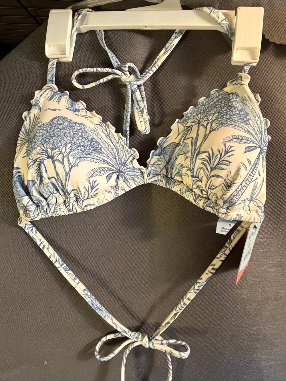 Shade & Shore Cream and Blue Botanical Triangle Bikini Top Size Medium NWT